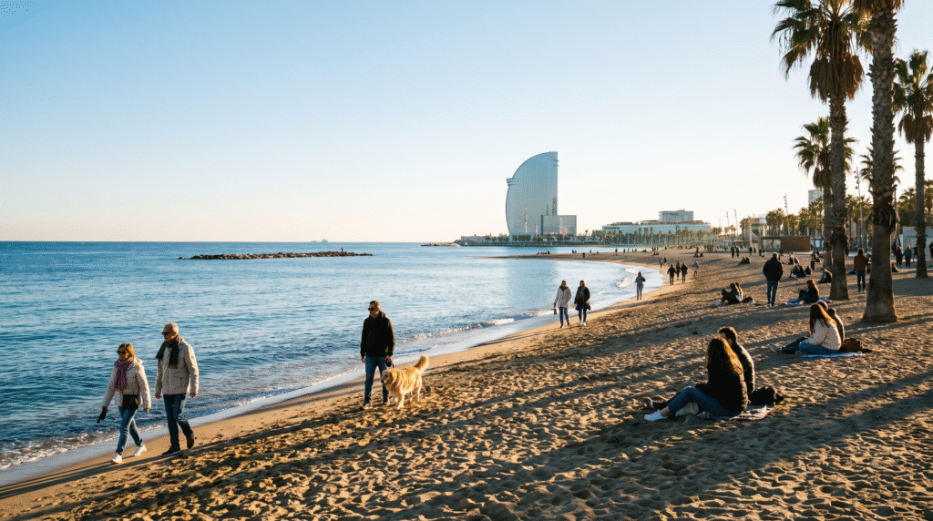 Sunny winter day on Barceloneta beach in December