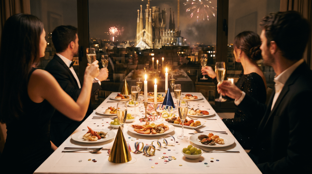 New Year's Eve dinner with cava and a view of the Sagrada Família, Barcelona