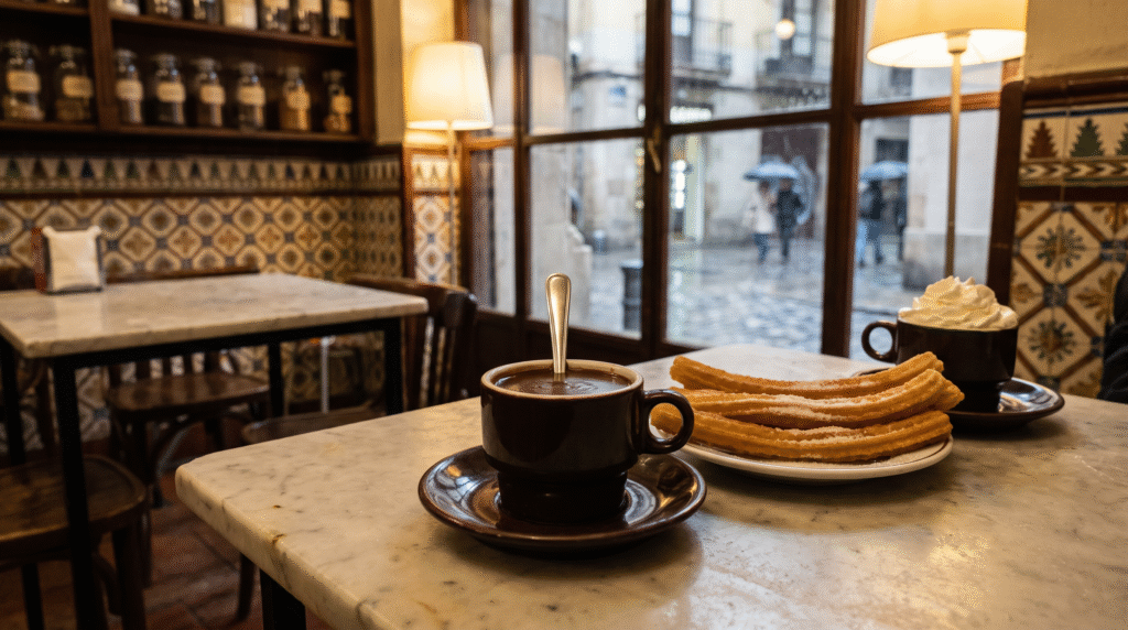 Thick Catalan hot chocolate with churros in a traditional Barcelona granja