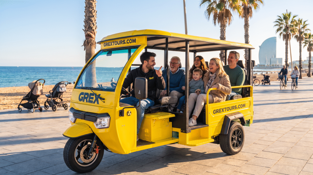 Family with grandparents on a private tuk-tuk tour by the sea in Barcelona