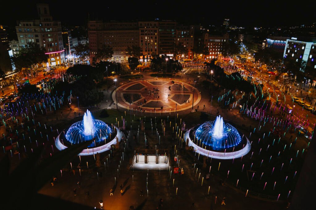 Christmas light installation in Plaça de Catalunya, Barcelona, seen from above