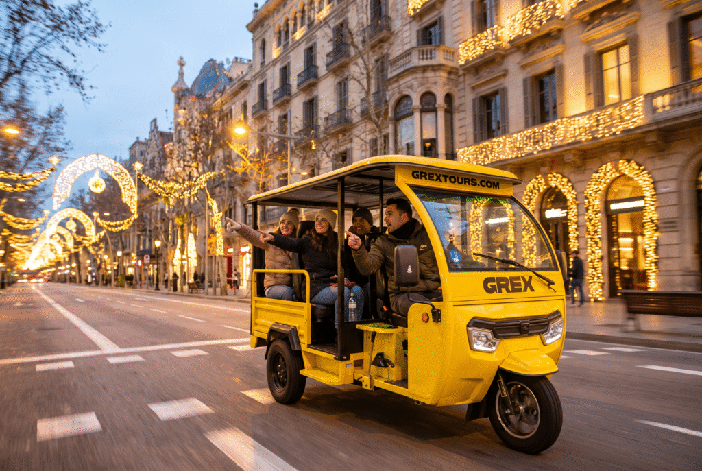 Local guide showing guests Barcelona's Christmas lights from a tuk-tuk