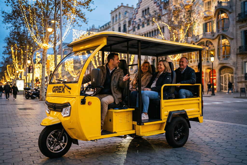 Local guide showing guests Barcelona's Christmas lights from a GREX tuk-tuk on Passeig de Gràcia