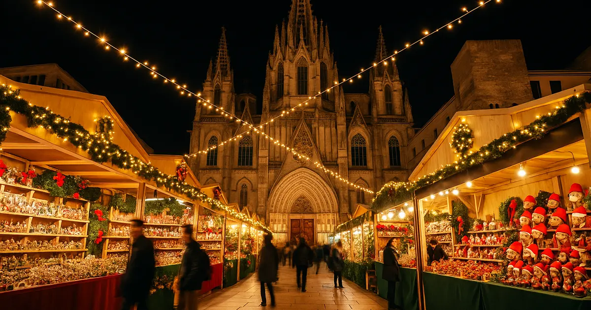 Fira de Santa Llúcia Christmas market in front of Barcelona Cathedral